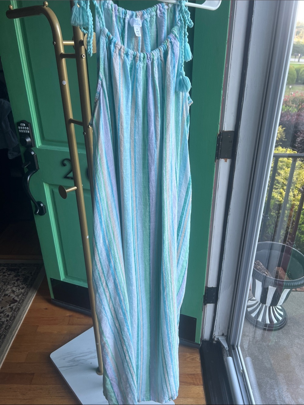 Striped Tassel Maxi Dress in Mint + Pastel Stripes pockets Size Small NWOT linen